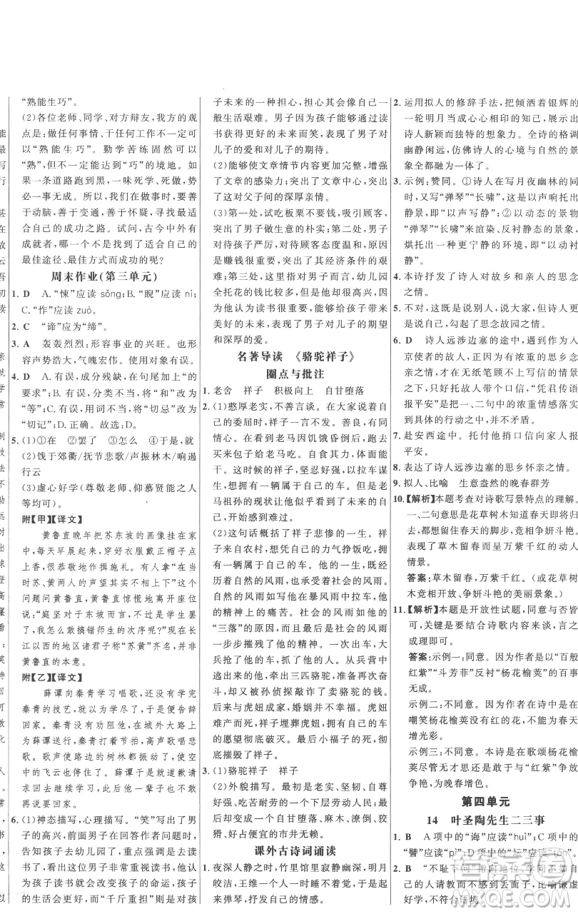 延邊大學(xué)出版社2023世紀(jì)金榜百練百勝七年級(jí)下冊(cè)語文人教版參考答案