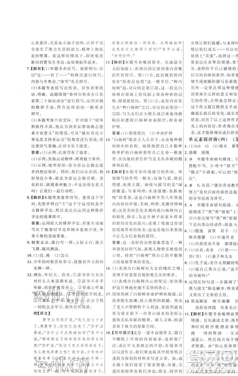 延邊大學(xué)出版社2023世紀(jì)金榜百練百勝七年級(jí)下冊(cè)語文人教版參考答案