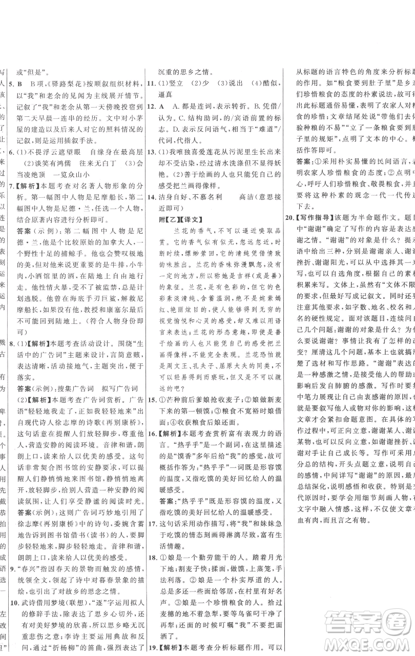 延邊大學(xué)出版社2023世紀(jì)金榜百練百勝七年級(jí)下冊(cè)語文人教版參考答案