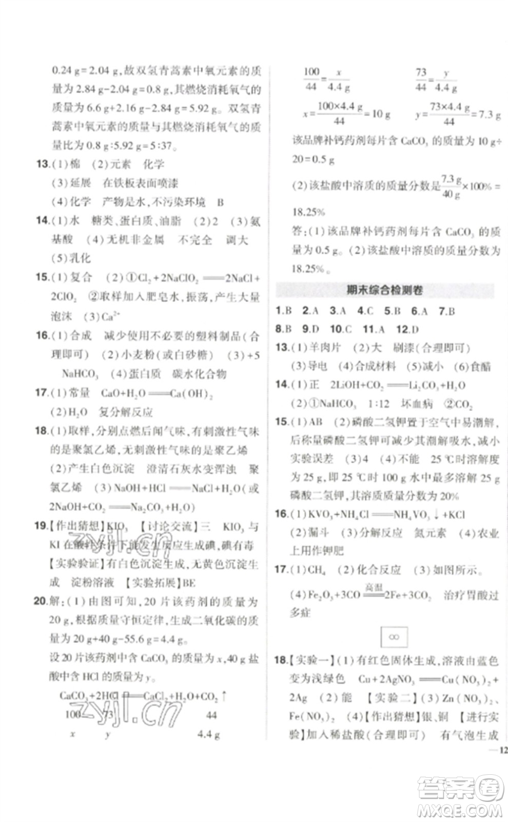 武漢出版社2023狀元成才路創(chuàng)優(yōu)作業(yè)九年級(jí)化學(xué)下冊(cè)人教版參考答案