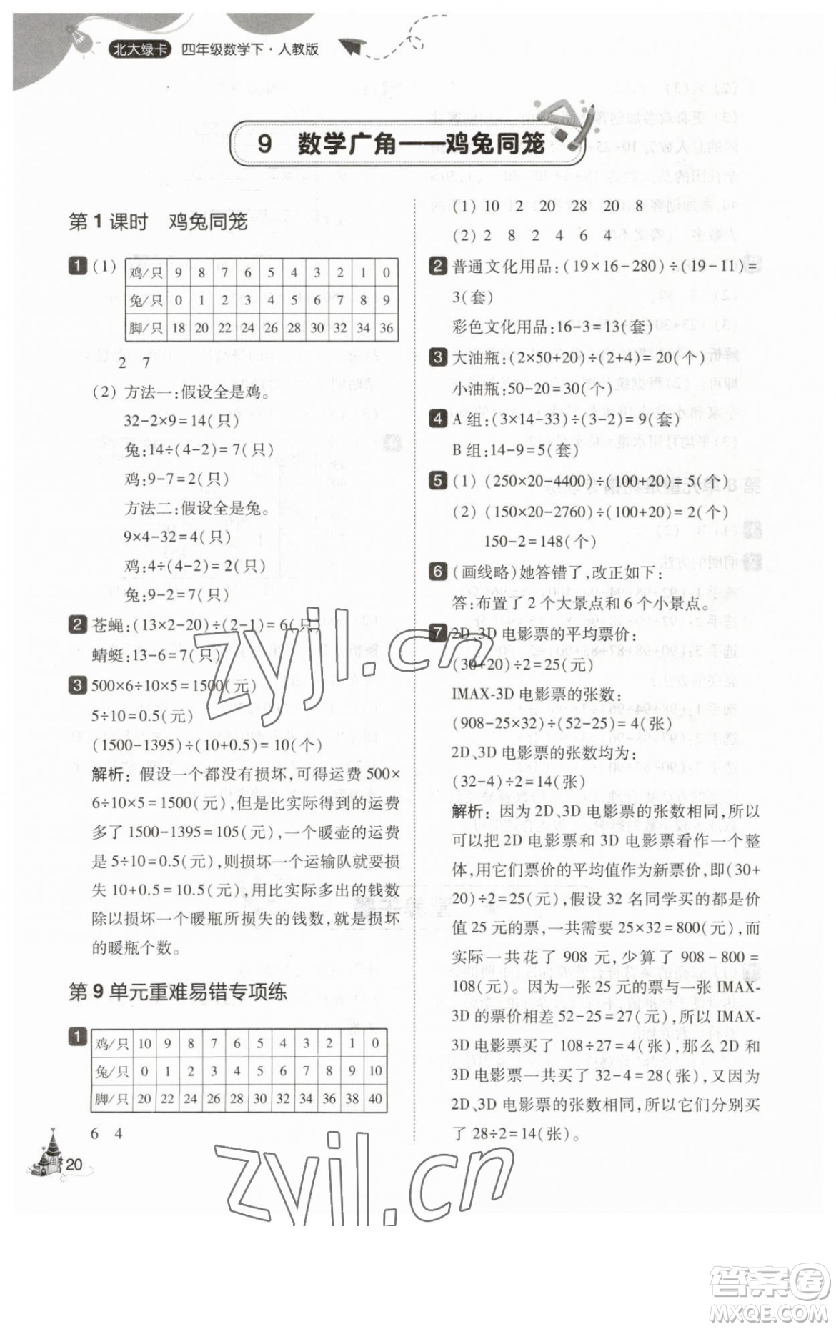 東北師范大學(xué)出版社2023北大綠卡四年級下冊數(shù)學(xué)人教版參考答案