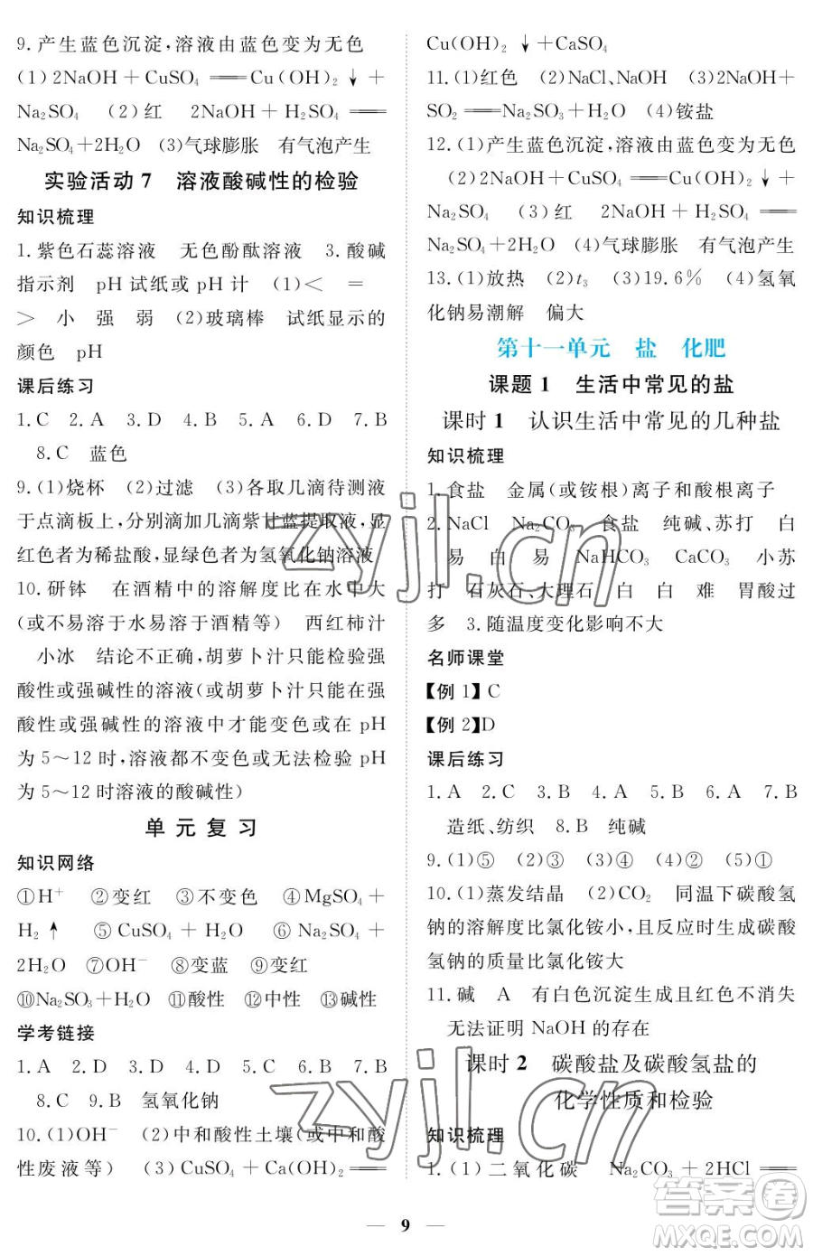 江西人民出版社2023一課一練創(chuàng)新練習(xí)九年級(jí)下冊(cè)化學(xué)人教版參考答案