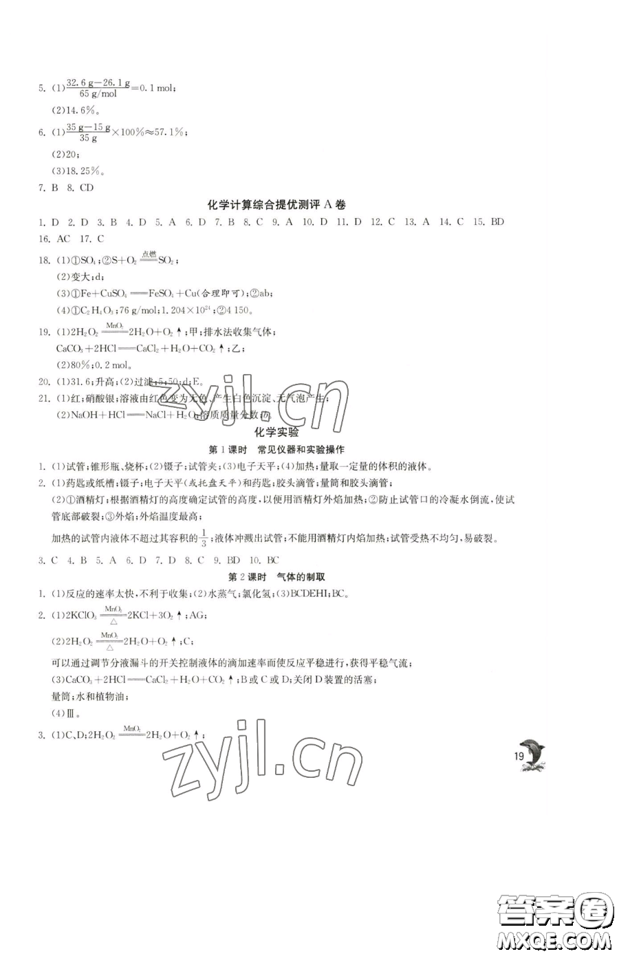 江蘇人民出版社2023實驗班提優(yōu)訓(xùn)練九年級下冊化學(xué)滬教版上海專版參考答案