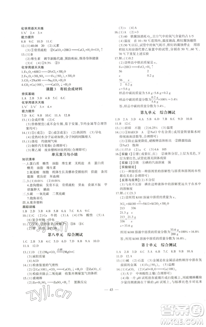 安徽大學(xué)出版社2023創(chuàng)新課堂創(chuàng)新作業(yè)本九年級(jí)化學(xué)下冊(cè)人教版參考答案