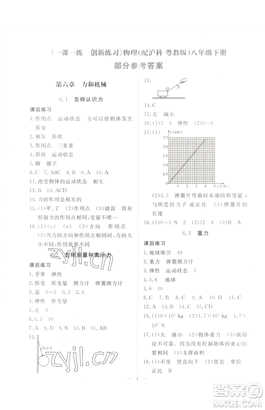 江西人民出版社2023一課一練創(chuàng)新練習(xí)八年級(jí)下冊(cè)物理滬粵版參考答案