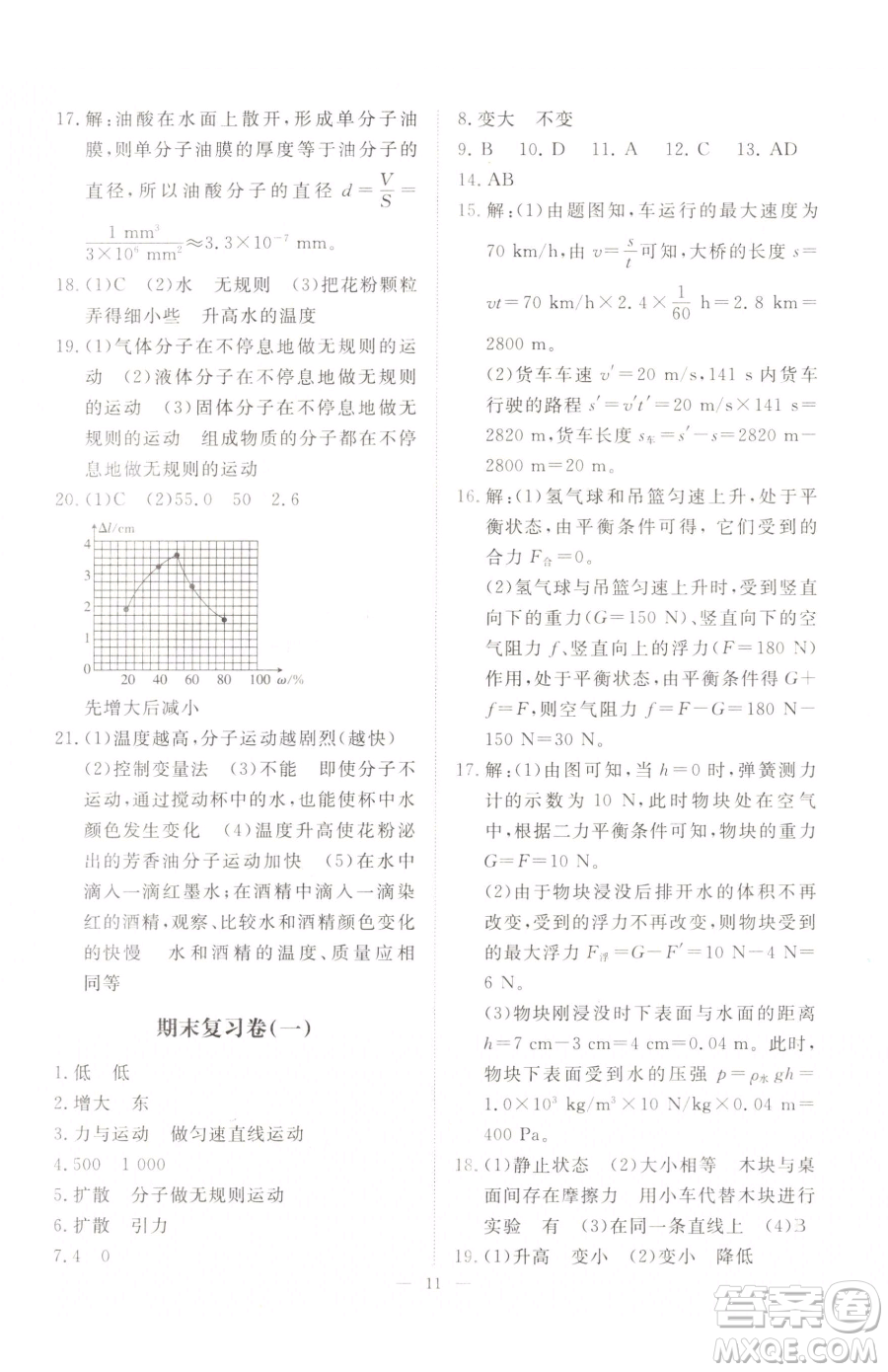 江西人民出版社2023一課一練創(chuàng)新練習(xí)八年級(jí)下冊(cè)物理滬粵版參考答案