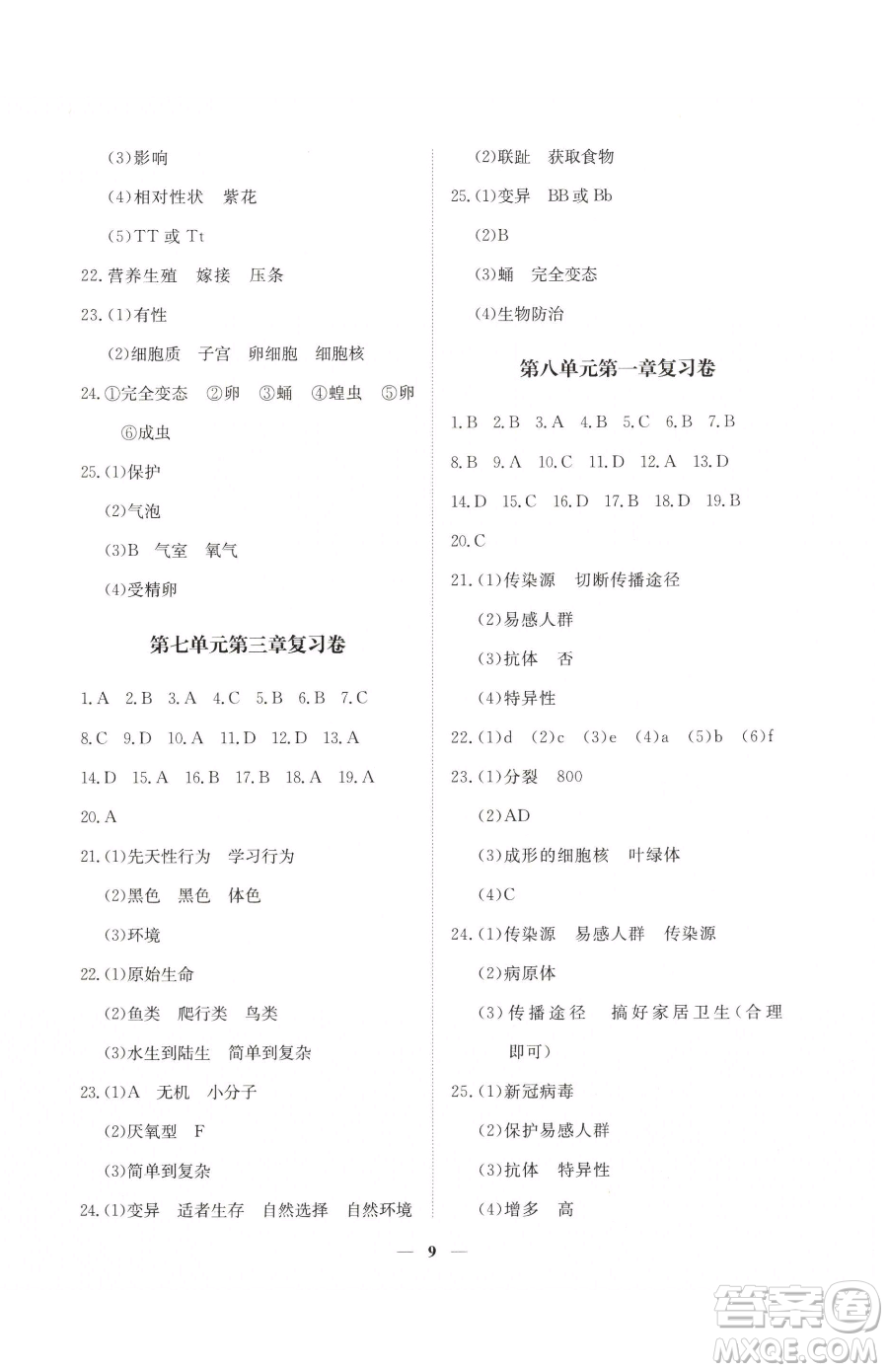 江西人民出版社2023一課一練創(chuàng)新練習(xí)八年級下冊生物人教版參考答案