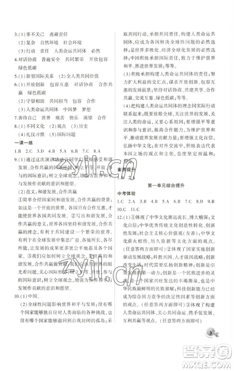 安徽大學(xué)出版社2023創(chuàng)新課堂創(chuàng)新作業(yè)本九年級道德與法治下冊部編版參考答案
