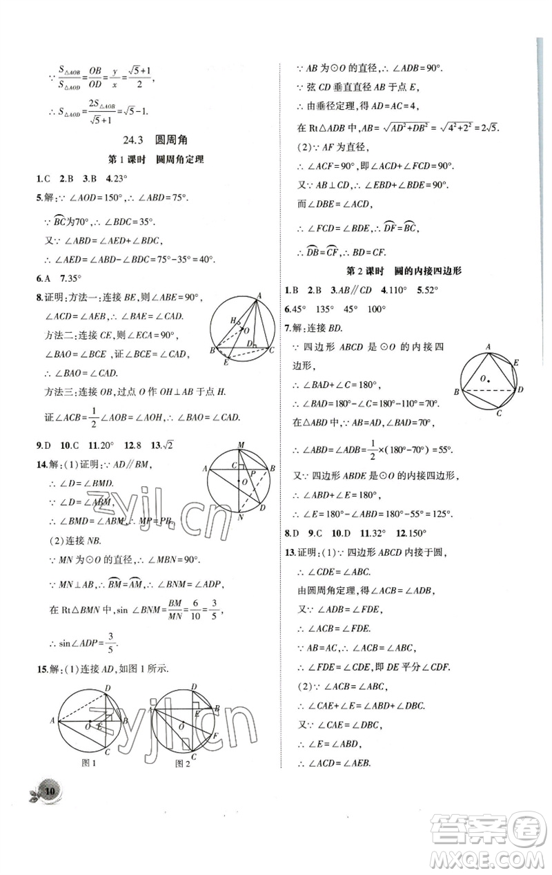 安徽大學(xué)出版社2023創(chuàng)新課堂創(chuàng)新作業(yè)本九年級(jí)數(shù)學(xué)下冊滬科版參考答案