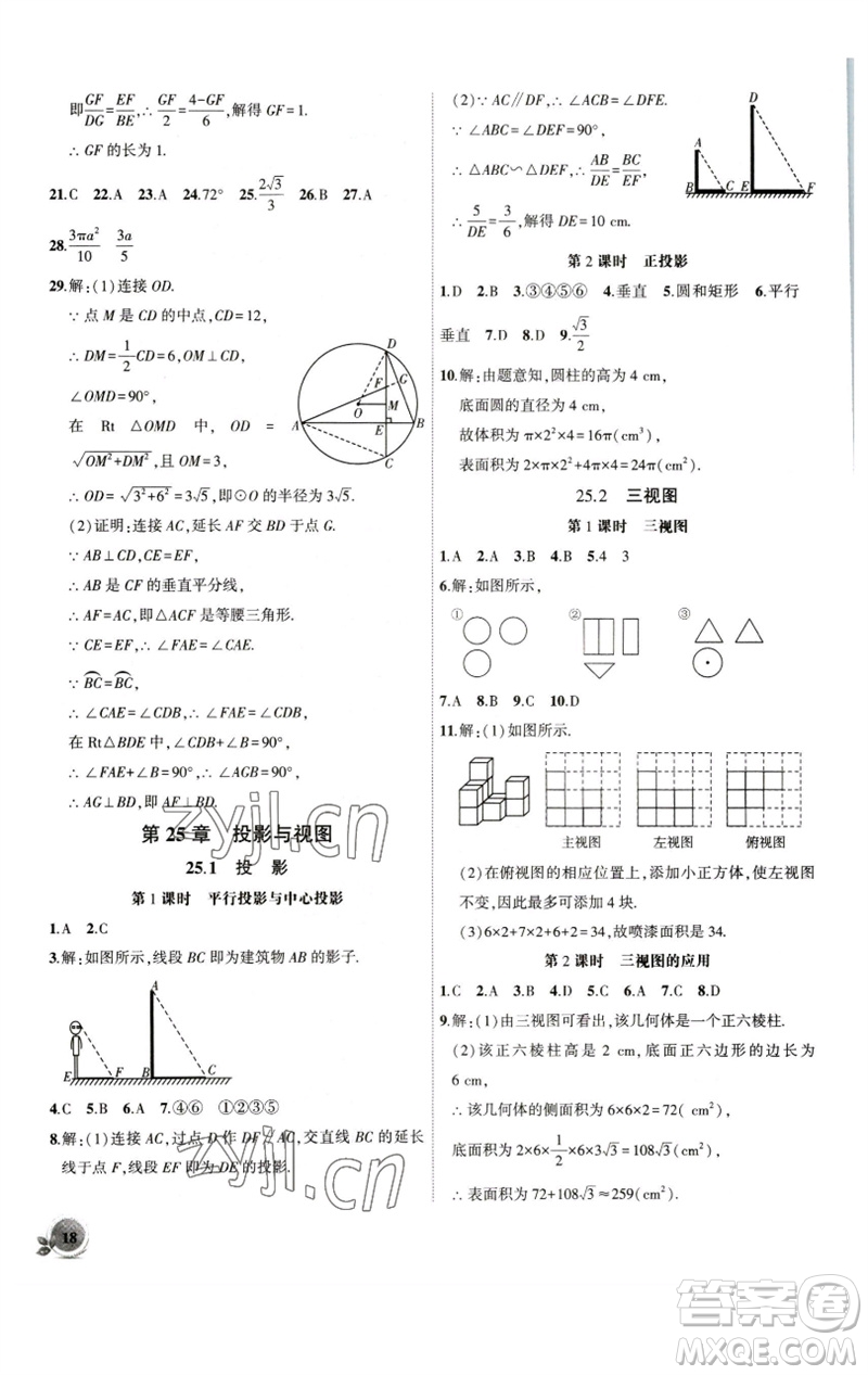 安徽大學(xué)出版社2023創(chuàng)新課堂創(chuàng)新作業(yè)本九年級(jí)數(shù)學(xué)下冊滬科版參考答案