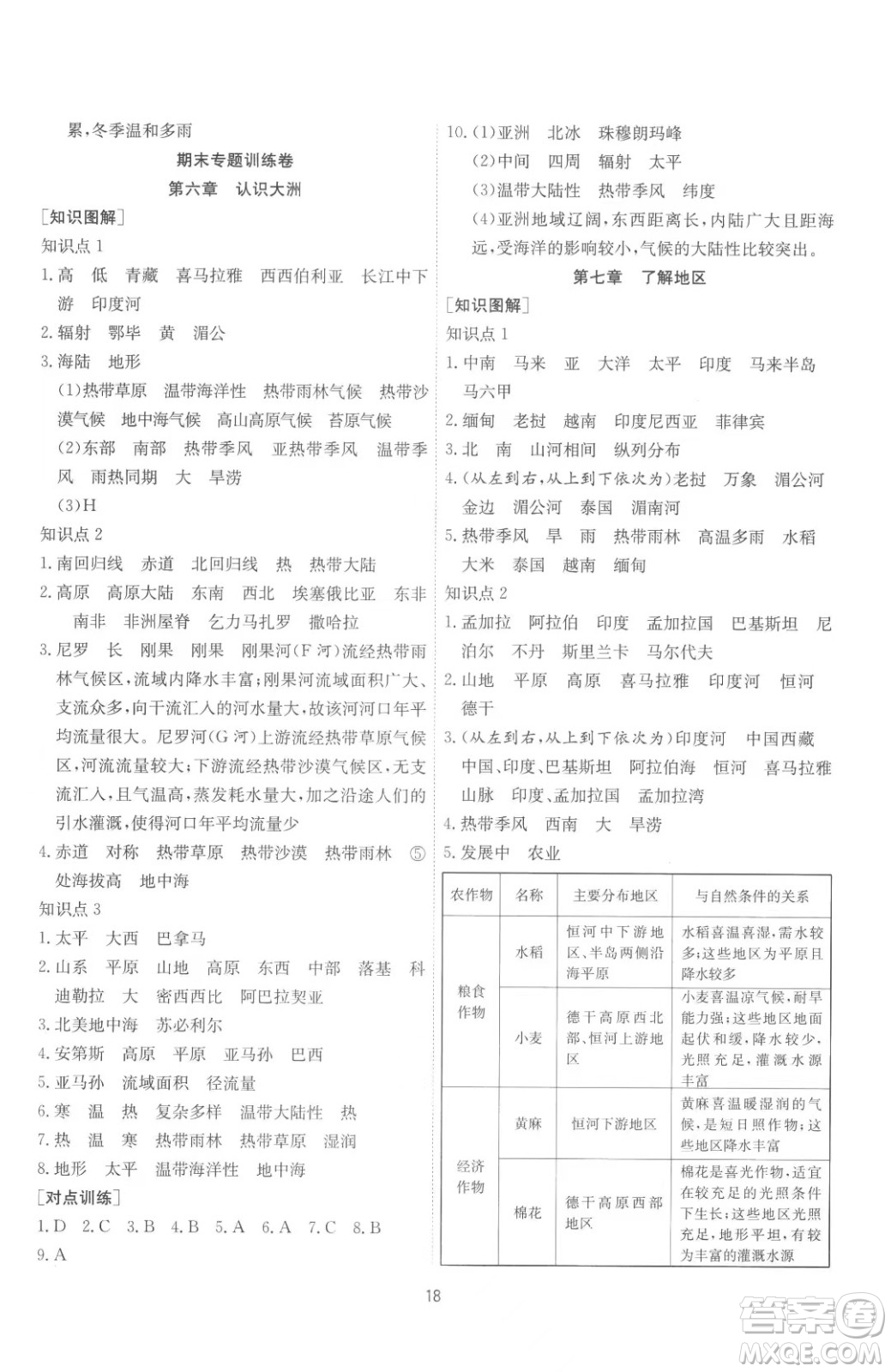江蘇人民出版社2023春季1課3練單元達標測試七年級下冊地理湘教版參考答案