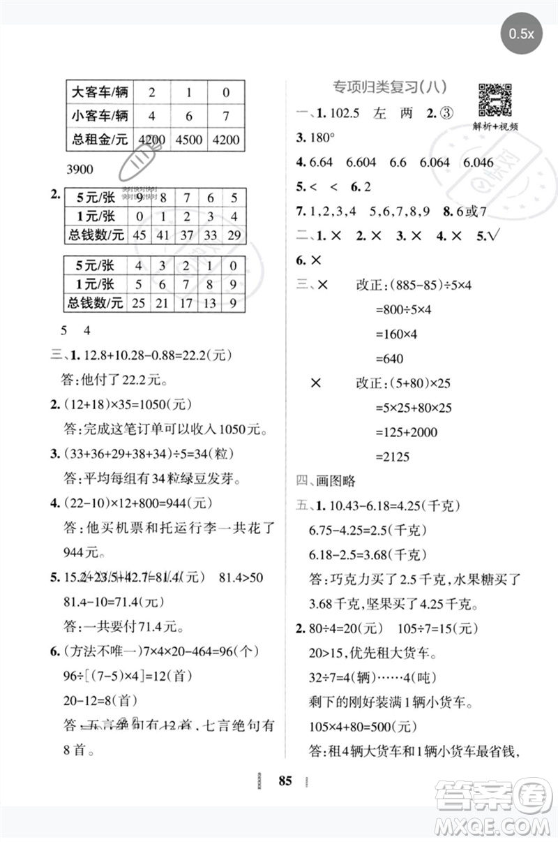 陜西師范大學(xué)出版總社2023小學(xué)學(xué)霸沖A卷四年級數(shù)學(xué)下冊人教版參考答案