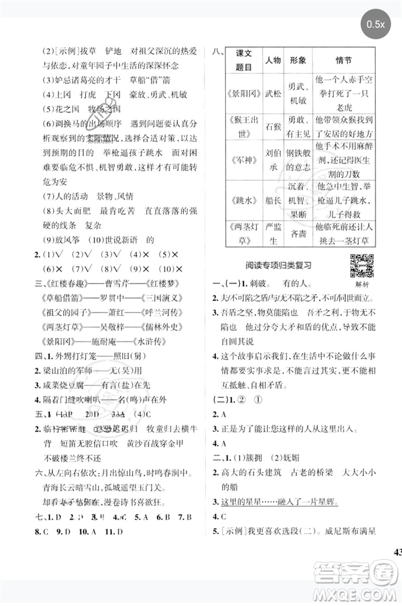 陜西師范大學出版總社2023小學學霸沖A卷五年級語文下冊人教版參考答案