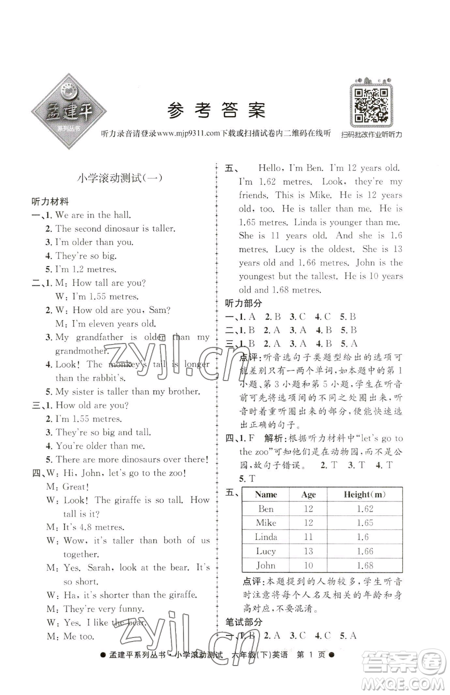 浙江工商大學(xué)出版社2023孟建平小學(xué)滾動(dòng)測(cè)試六年級(jí)下冊(cè)英語(yǔ)人教版參考答案