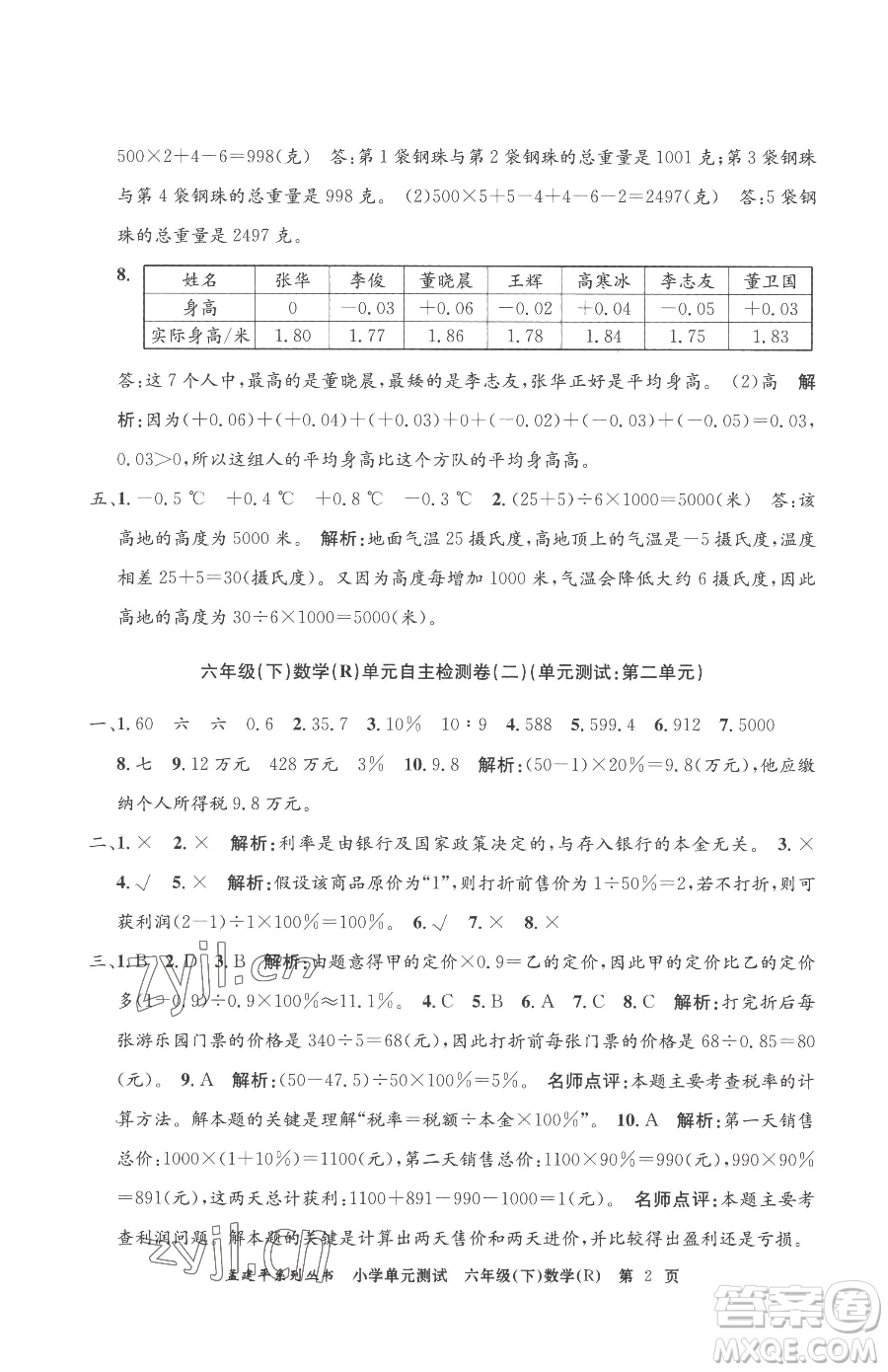 浙江工商大學(xué)出版社2023孟建平小學(xué)單元測(cè)試六年級(jí)下冊(cè)數(shù)學(xué)人教版參考答案