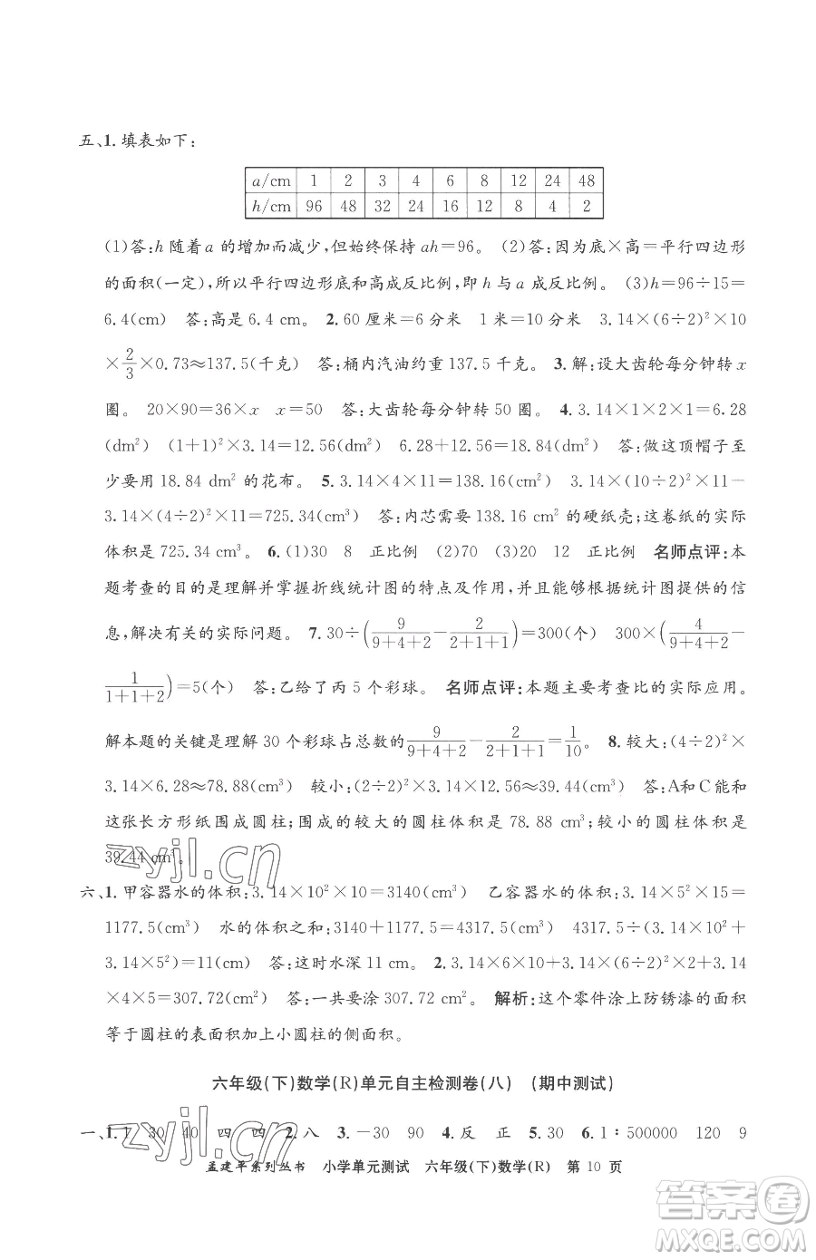 浙江工商大學(xué)出版社2023孟建平小學(xué)單元測(cè)試六年級(jí)下冊(cè)數(shù)學(xué)人教版參考答案