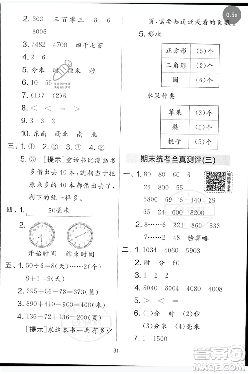 吉林教育出版社2023春實(shí)驗(yàn)班提優(yōu)大考卷二年級(jí)數(shù)學(xué)下冊蘇教版參考答案