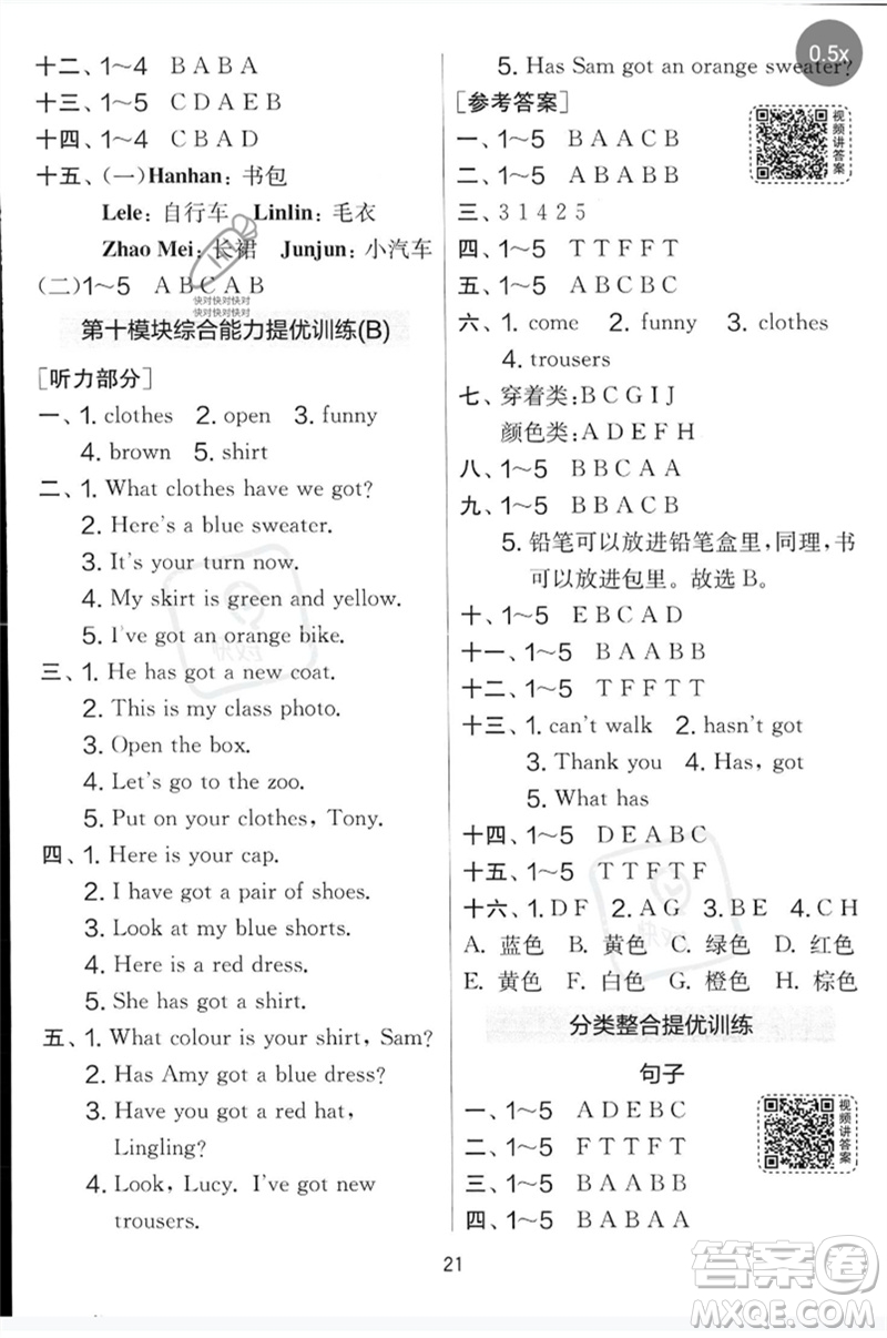江蘇人民出版社2023春實驗班提優(yōu)大考卷三年級英語下冊三起點外研版參考答案