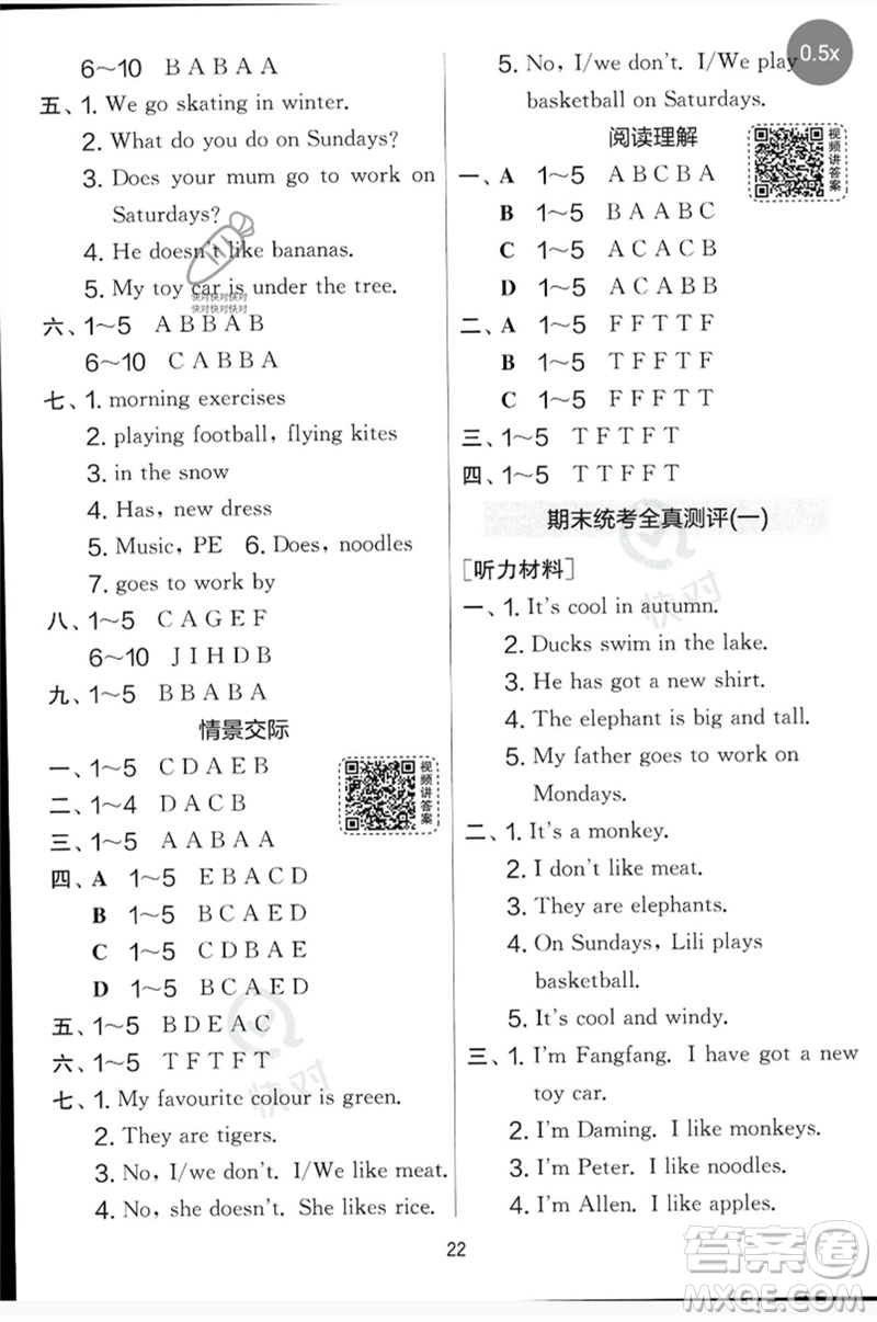 江蘇人民出版社2023春實驗班提優(yōu)大考卷三年級英語下冊三起點外研版參考答案
