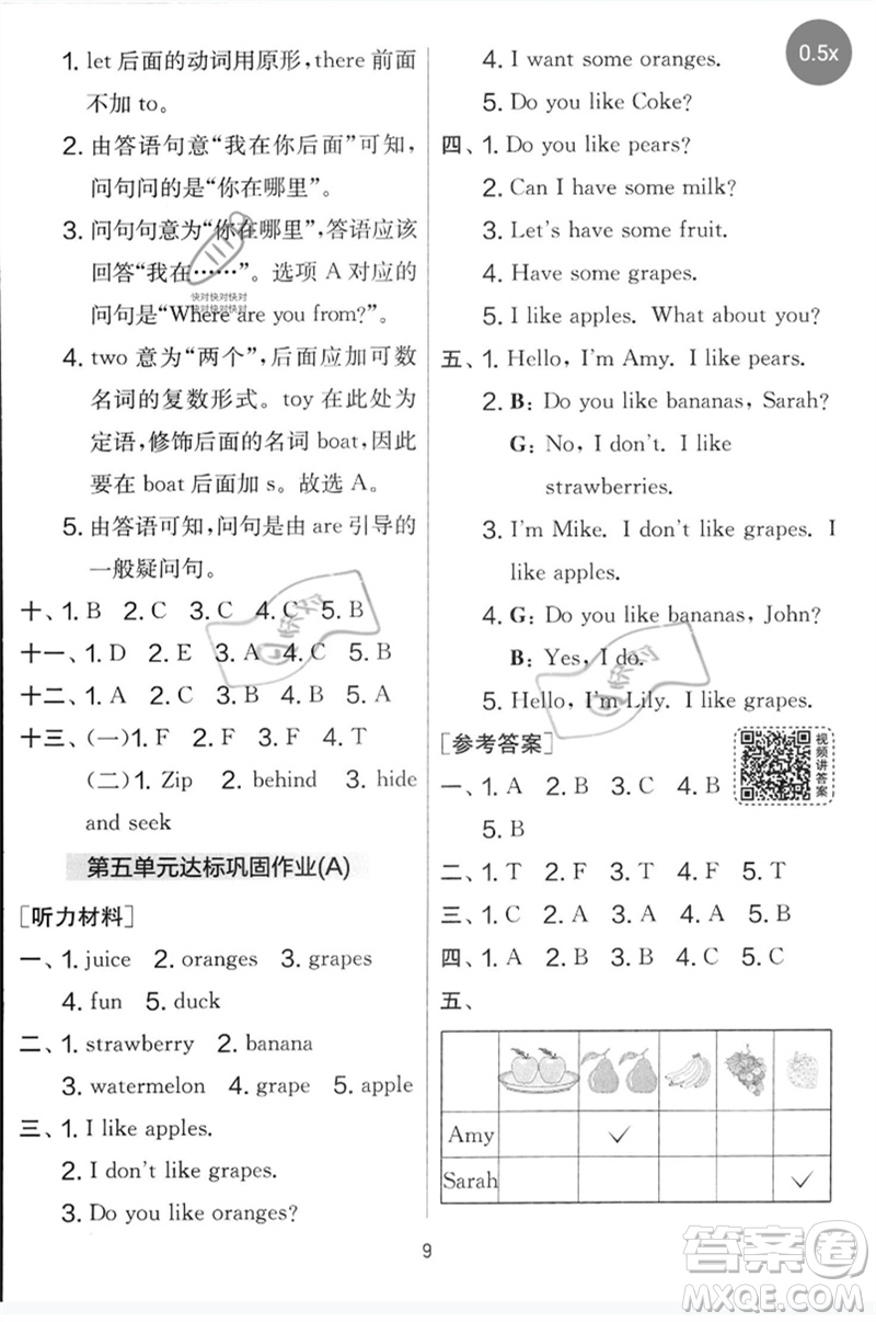 江蘇人民出版社2023春實驗班提優(yōu)大考卷三年級英語下冊三起點人教版參考答案