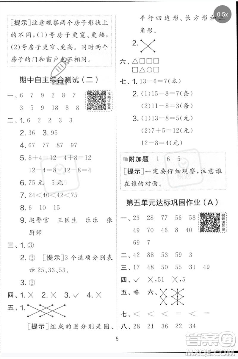 江蘇人民出版社2023春實驗班提優(yōu)大考卷一年級數(shù)學下冊北師大版參考答案