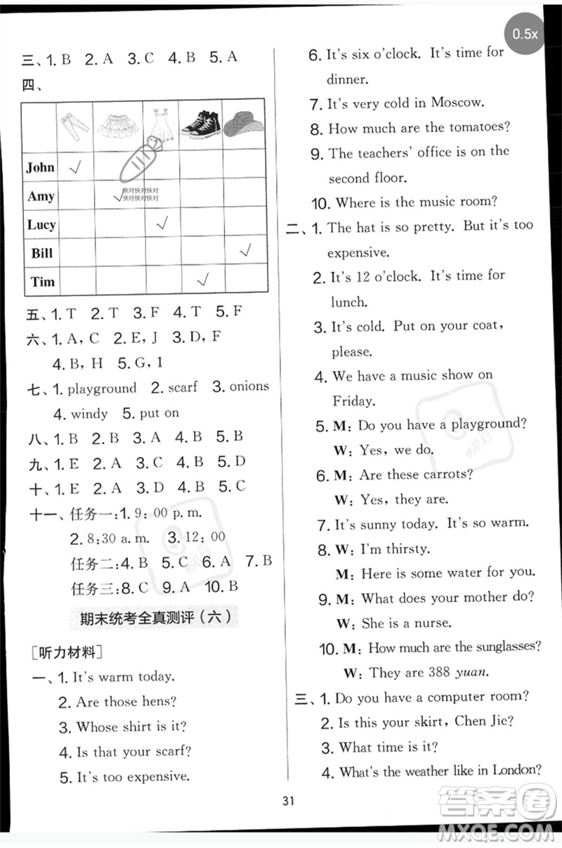 江蘇人民出版社2023春實(shí)驗(yàn)班提優(yōu)大考卷四年級(jí)英語(yǔ)下冊(cè)三起點(diǎn)人教版參考答案