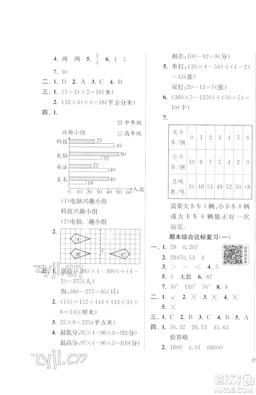 江蘇人民出版社2023春季1課3練單元達(dá)標(biāo)測(cè)試四年級(jí)下冊(cè)數(shù)學(xué)人教版參考答案