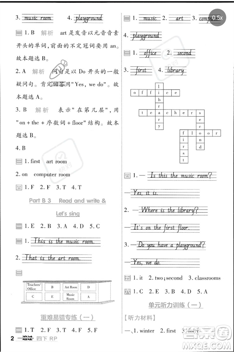 南京師范大學出版社2023一遍過四年級英語下冊三起點人教PEP版參考答案