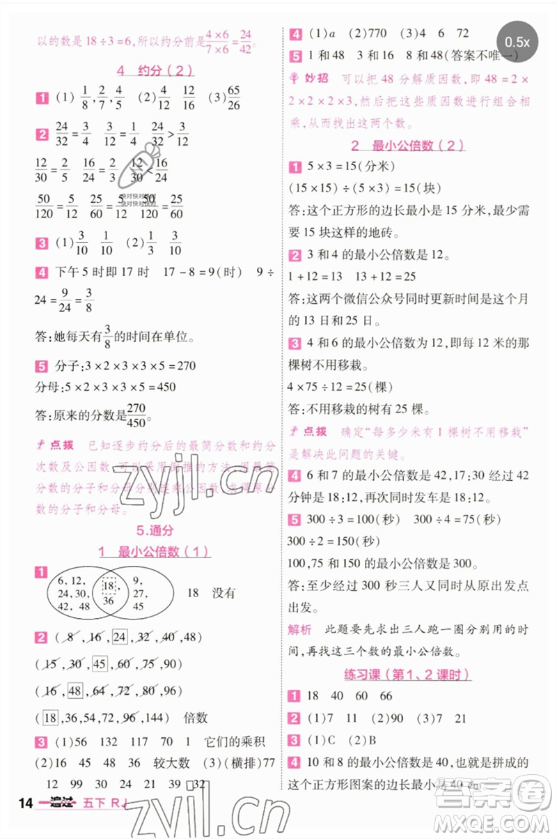 南京師范大學(xué)出版社2023一遍過五年級(jí)數(shù)學(xué)下冊(cè)人教版參考答案
