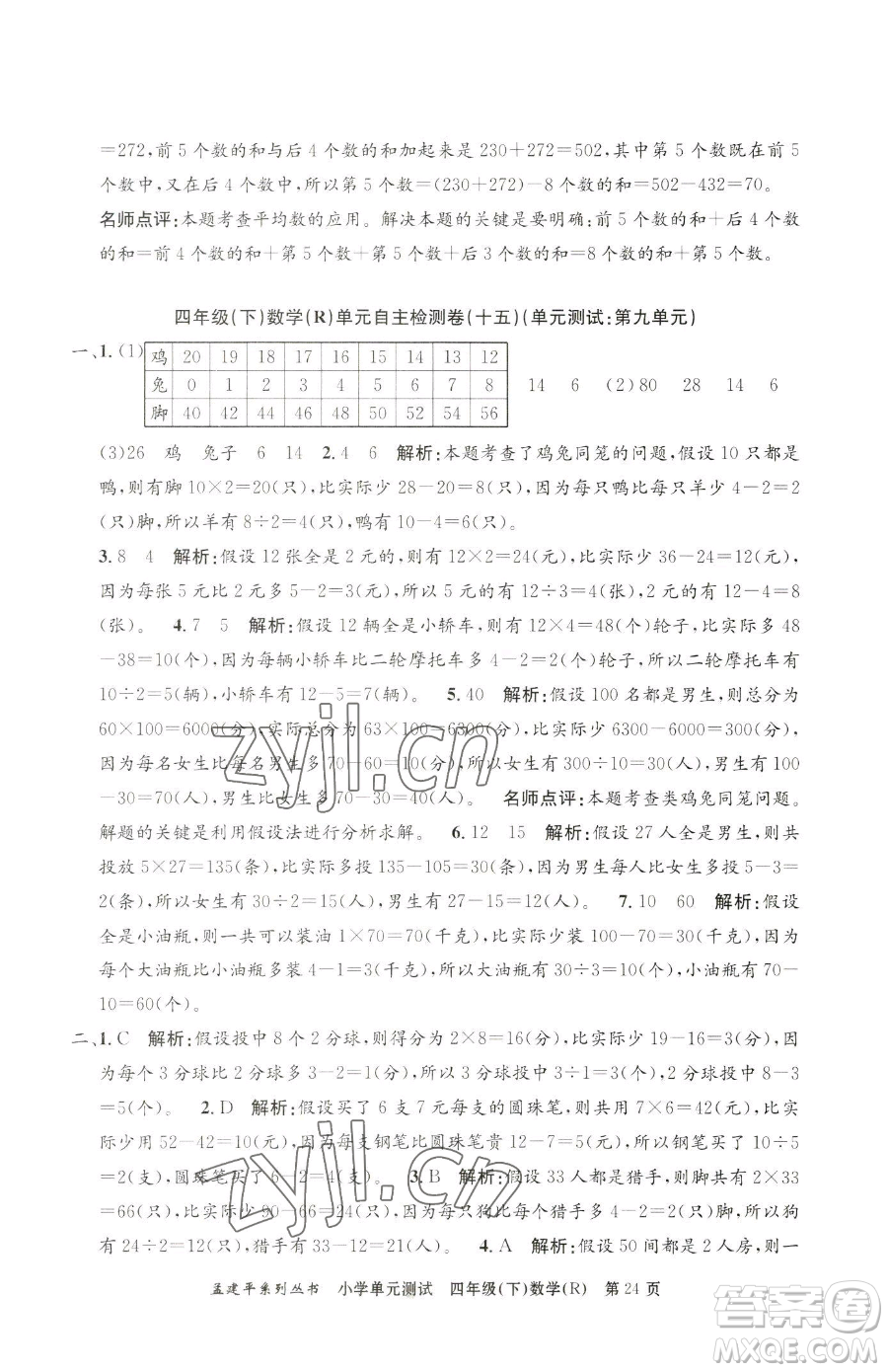 浙江工商大學(xué)出版社2023孟建平小學(xué)單元測試四年級(jí)下冊(cè)數(shù)學(xué)人教版參考答案