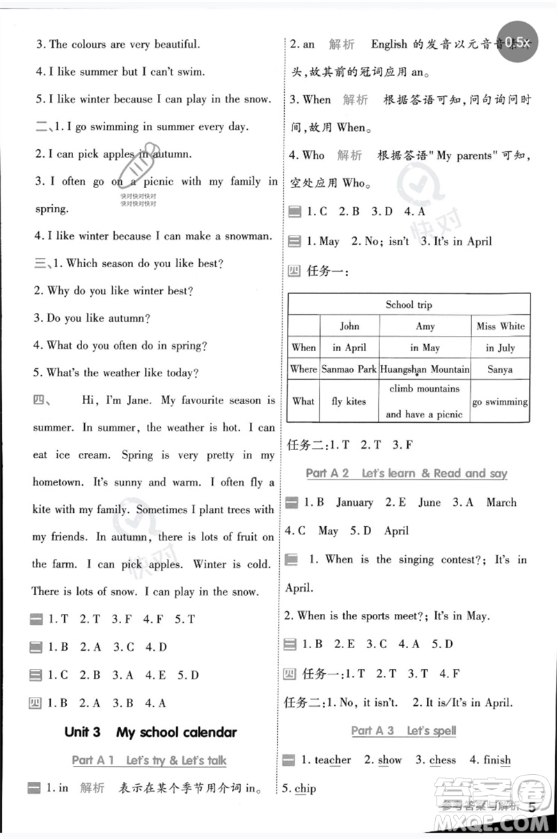 南京師范大學出版社2023一遍過五年級英語下冊三起點人教PEP版參考答案