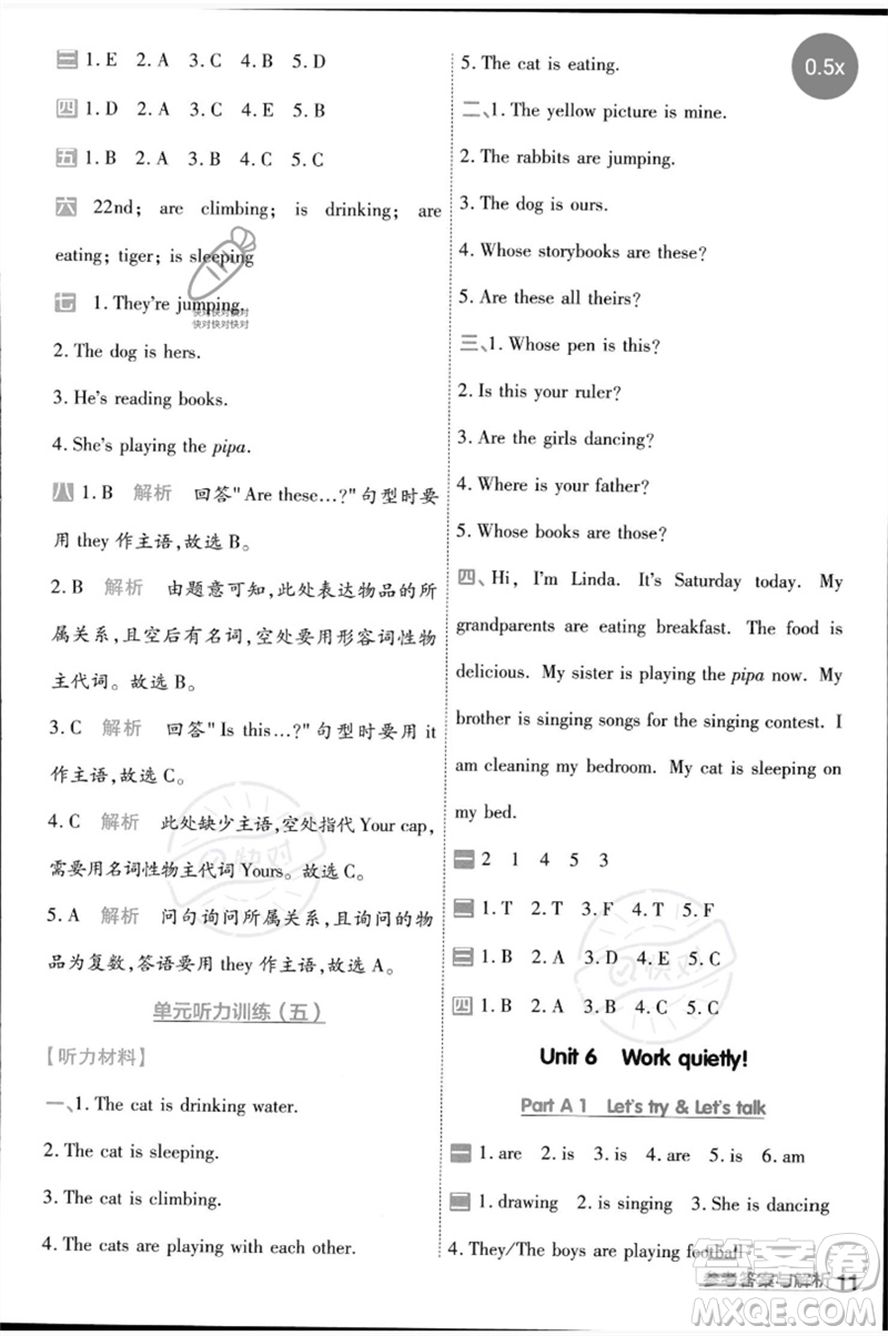 南京師范大學出版社2023一遍過五年級英語下冊三起點人教PEP版參考答案
