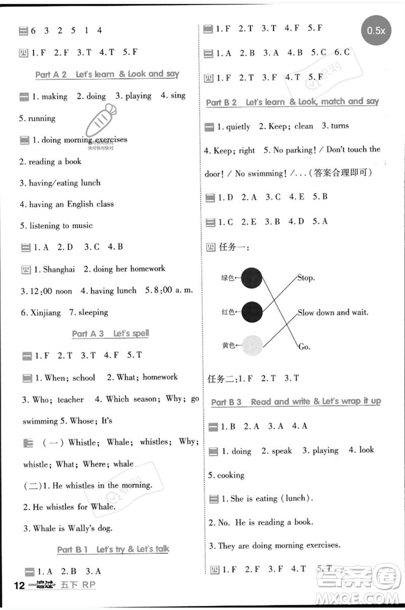 南京師范大學出版社2023一遍過五年級英語下冊三起點人教PEP版參考答案