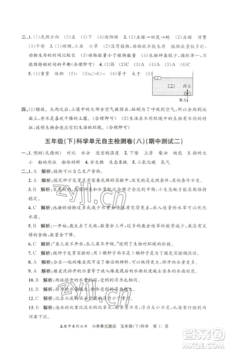 浙江工商大學(xué)出版社2023孟建平小學(xué)單元測(cè)試五年級(jí)下冊(cè)科學(xué)教科版參考答案