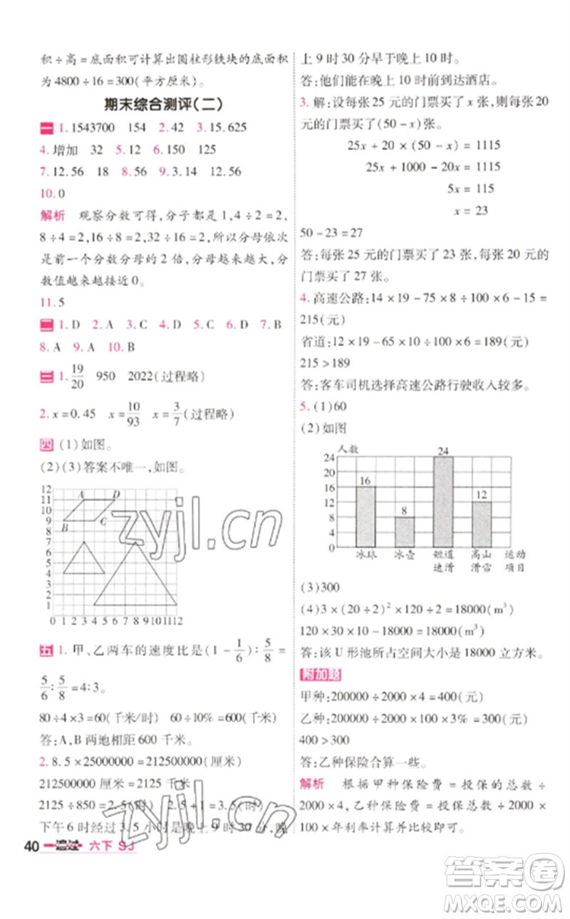 南京師范大學(xué)出版社2023一遍過六年級數(shù)學(xué)下冊蘇教版參考答案