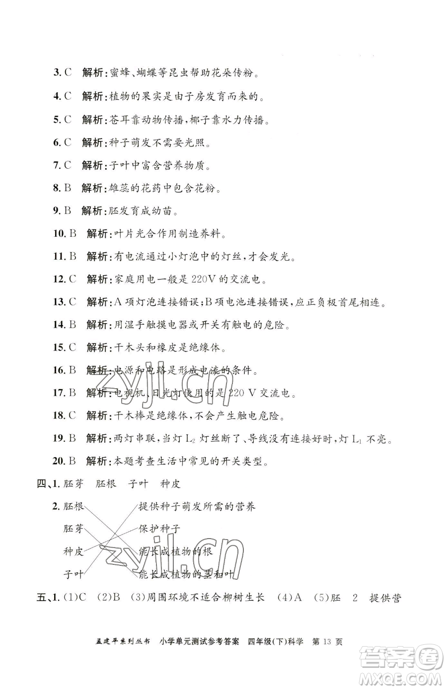 浙江工商大學出版社2023孟建平小學單元測試四年級下冊科學教科版參考答案