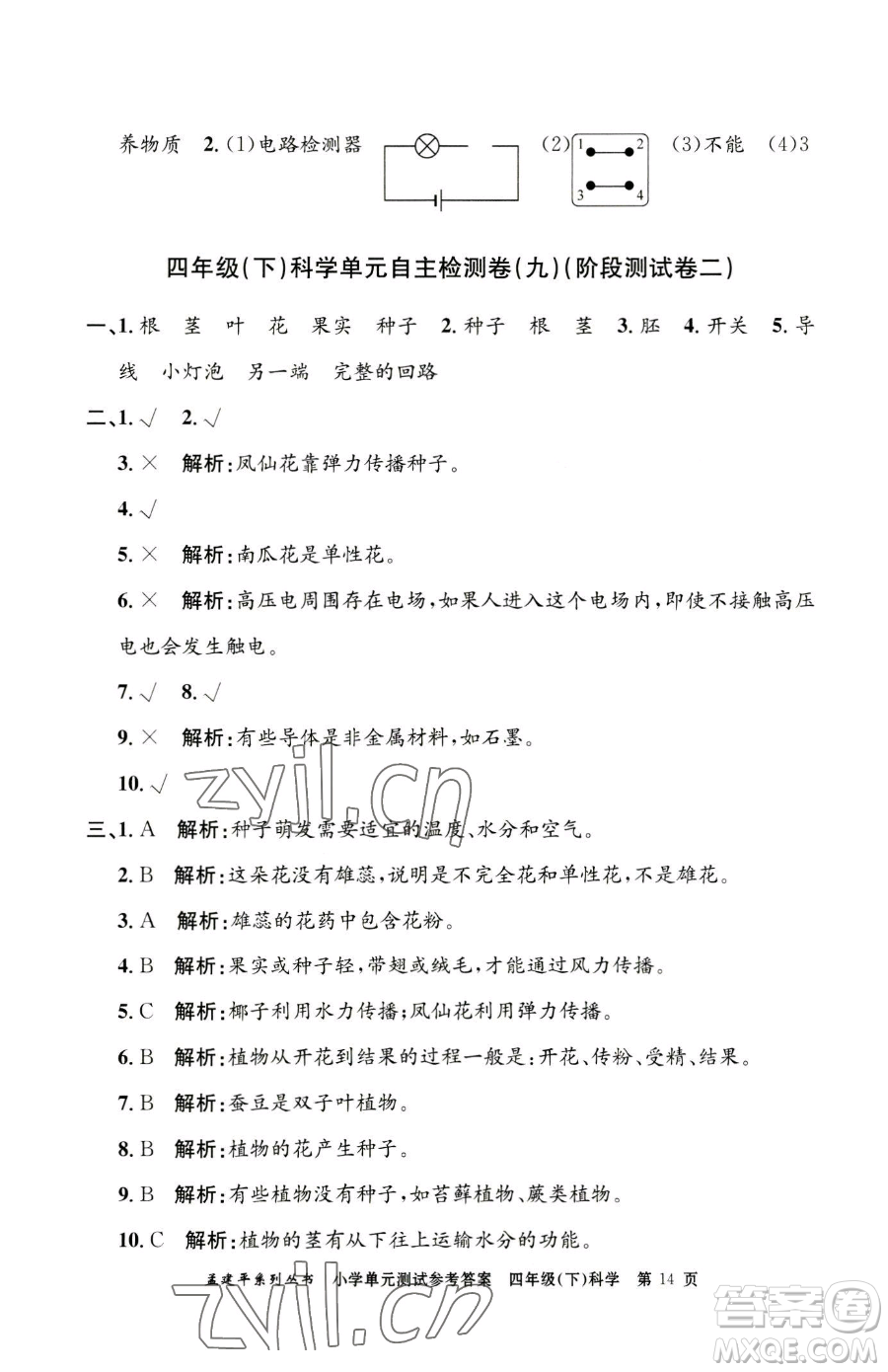 浙江工商大學出版社2023孟建平小學單元測試四年級下冊科學教科版參考答案