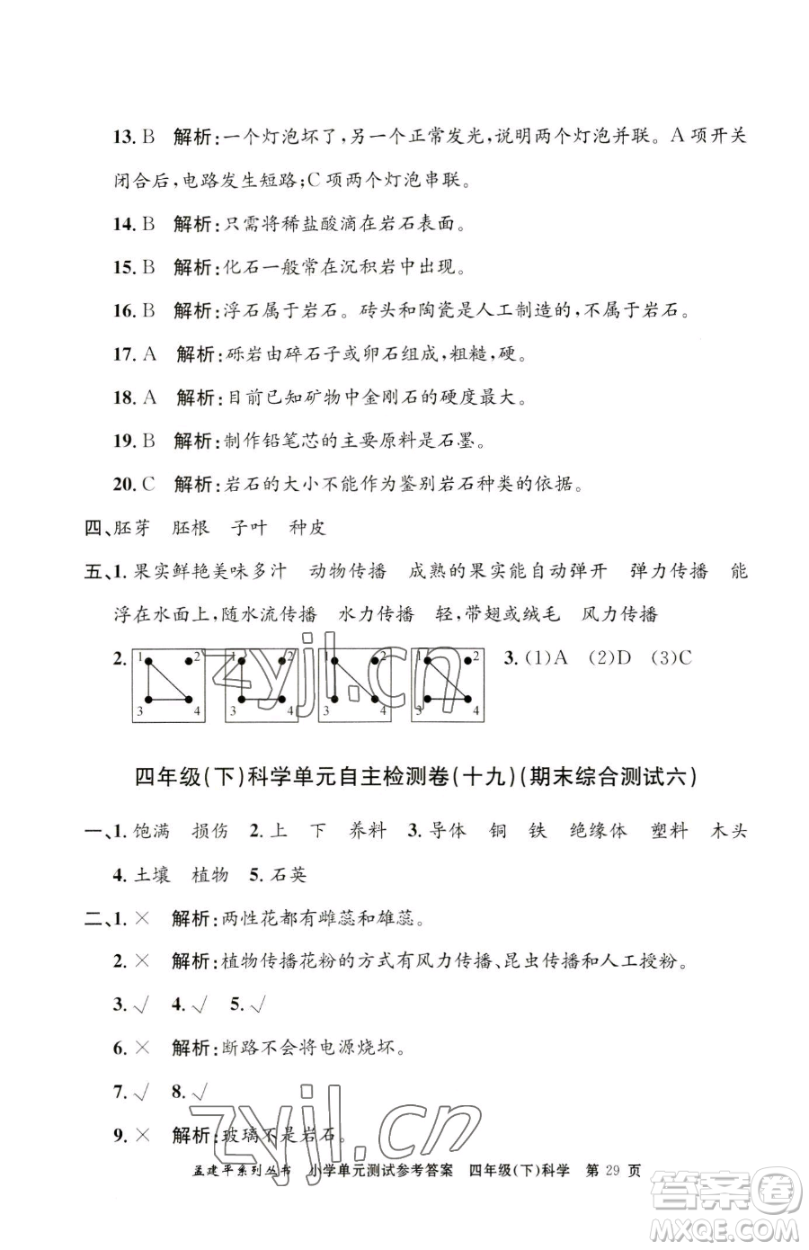 浙江工商大學出版社2023孟建平小學單元測試四年級下冊科學教科版參考答案
