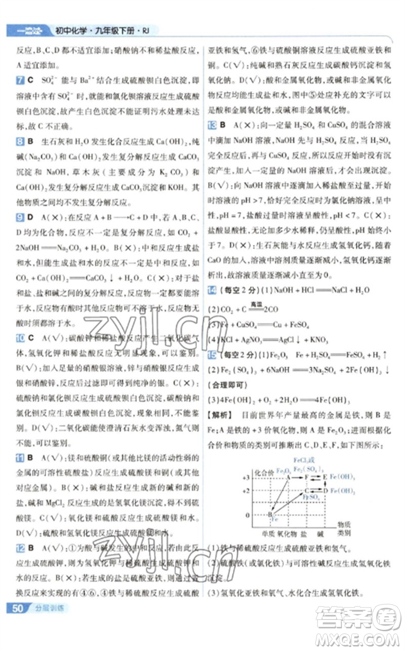 南京師范大學(xué)出版社2023一遍過九年級(jí)化學(xué)下冊(cè)人教版參考答案