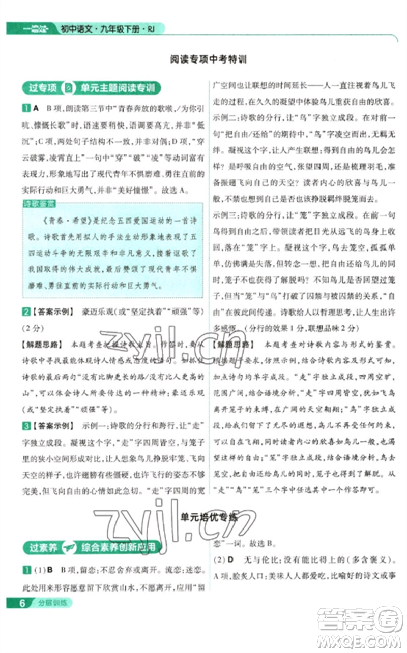 南京師范大學出版社2023一遍過九年級語文下冊人教版參考答案