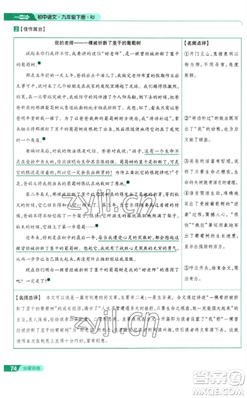 南京師范大學出版社2023一遍過九年級語文下冊人教版參考答案