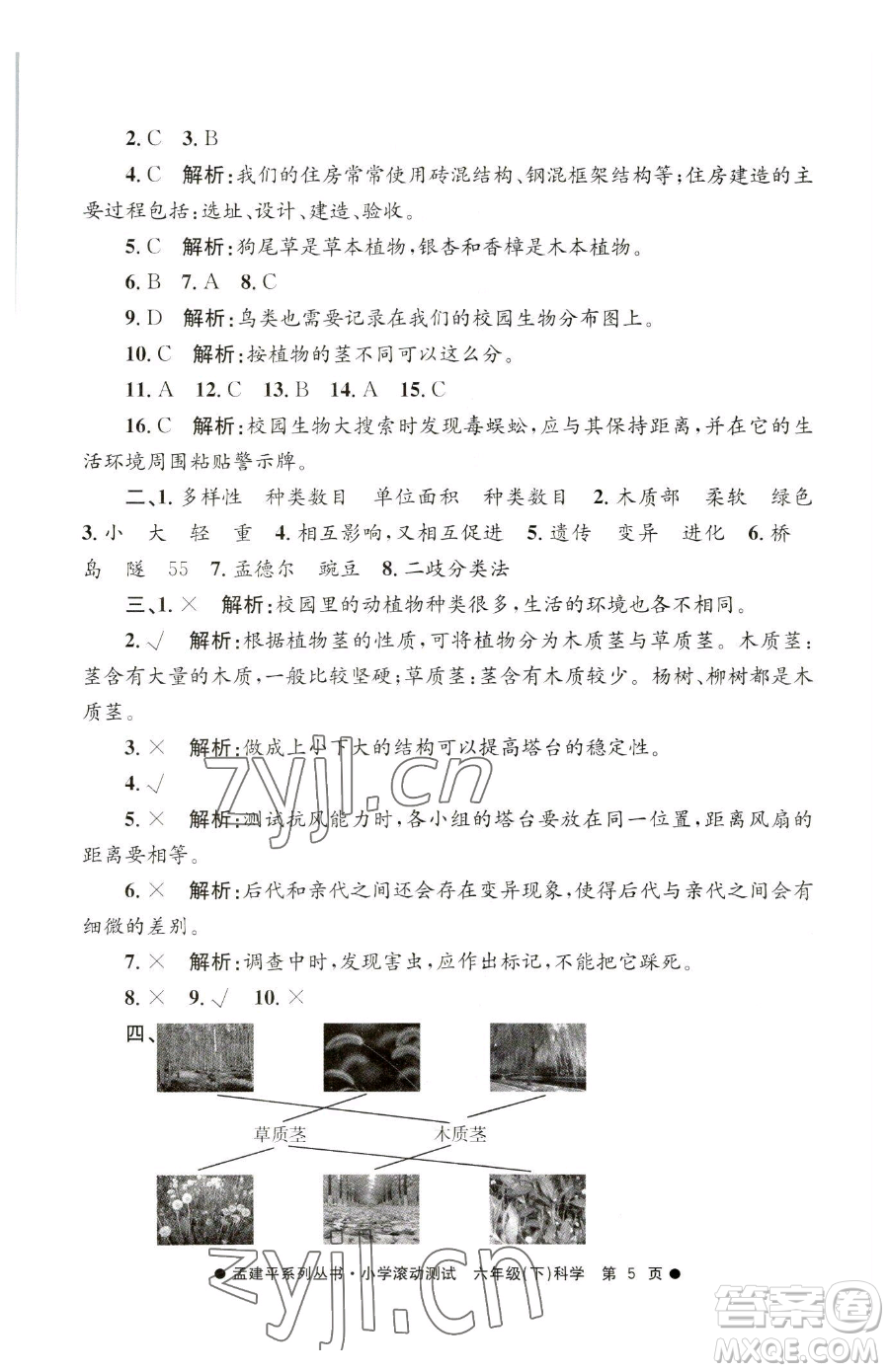 浙江工商大學(xué)出版社2023孟建平小學(xué)滾動測試六年級下冊科學(xué)教科版參考答案