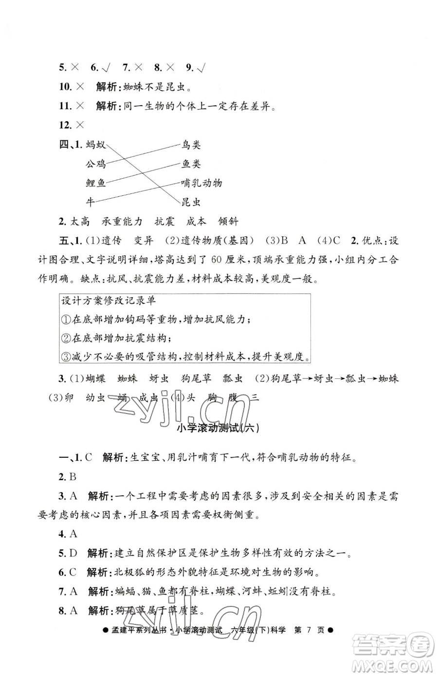 浙江工商大學(xué)出版社2023孟建平小學(xué)滾動測試六年級下冊科學(xué)教科版參考答案