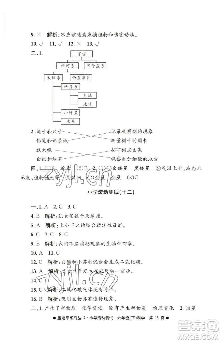 浙江工商大學(xué)出版社2023孟建平小學(xué)滾動測試六年級下冊科學(xué)教科版參考答案