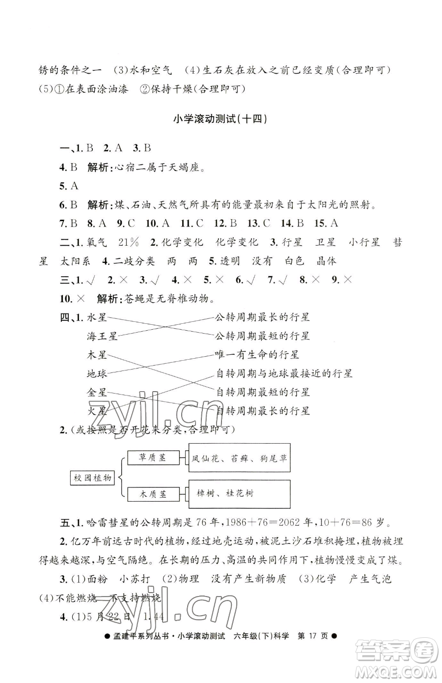浙江工商大學(xué)出版社2023孟建平小學(xué)滾動測試六年級下冊科學(xué)教科版參考答案