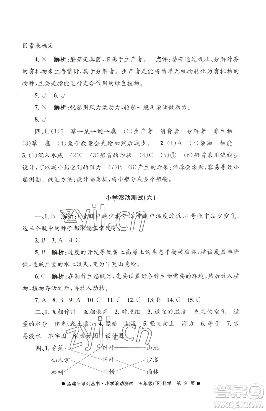 浙江工商大學(xué)出版社2023孟建平小學(xué)滾動(dòng)測(cè)試五年級(jí)下冊(cè)科學(xué)教科版參考答案