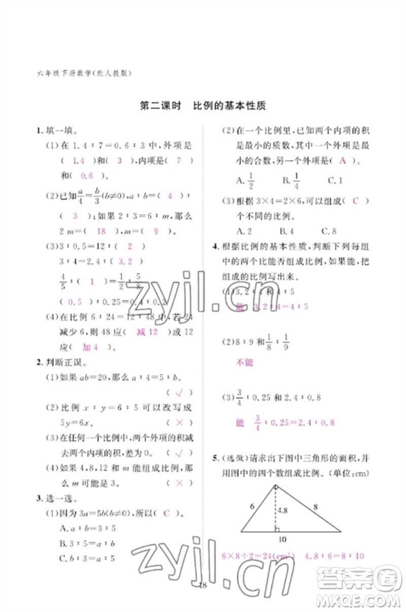 江西教育出版社2023年芝麻開(kāi)花課堂作業(yè)本六年級(jí)數(shù)學(xué)下冊(cè)人教版參考答案