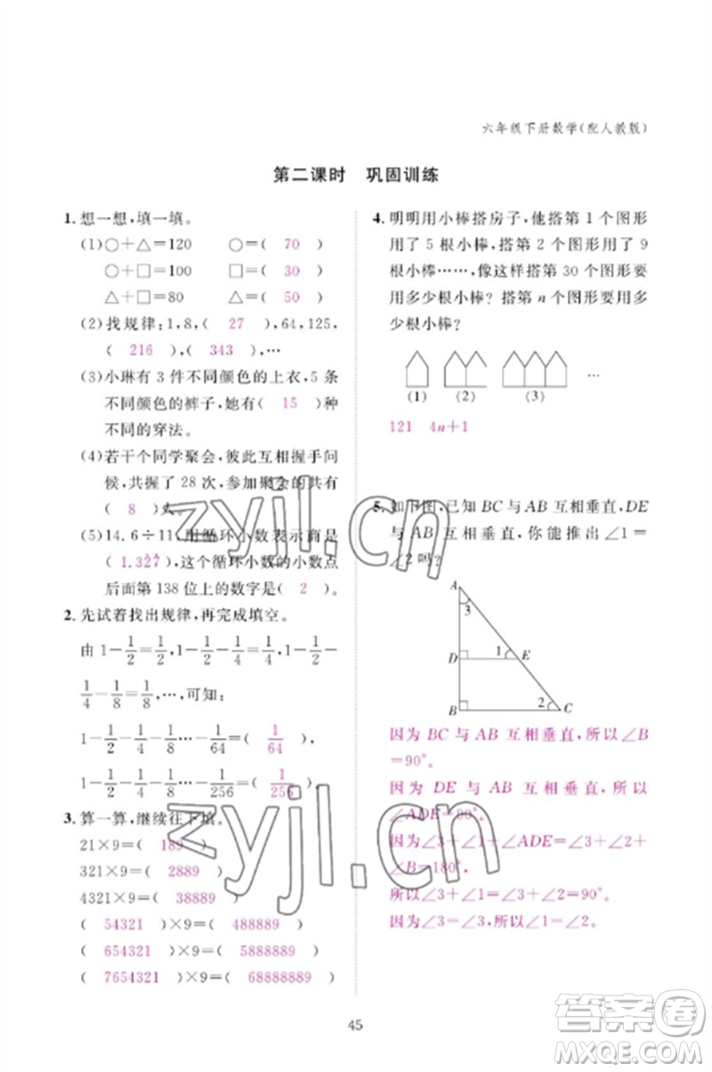 江西教育出版社2023年芝麻開(kāi)花課堂作業(yè)本六年級(jí)數(shù)學(xué)下冊(cè)人教版參考答案
