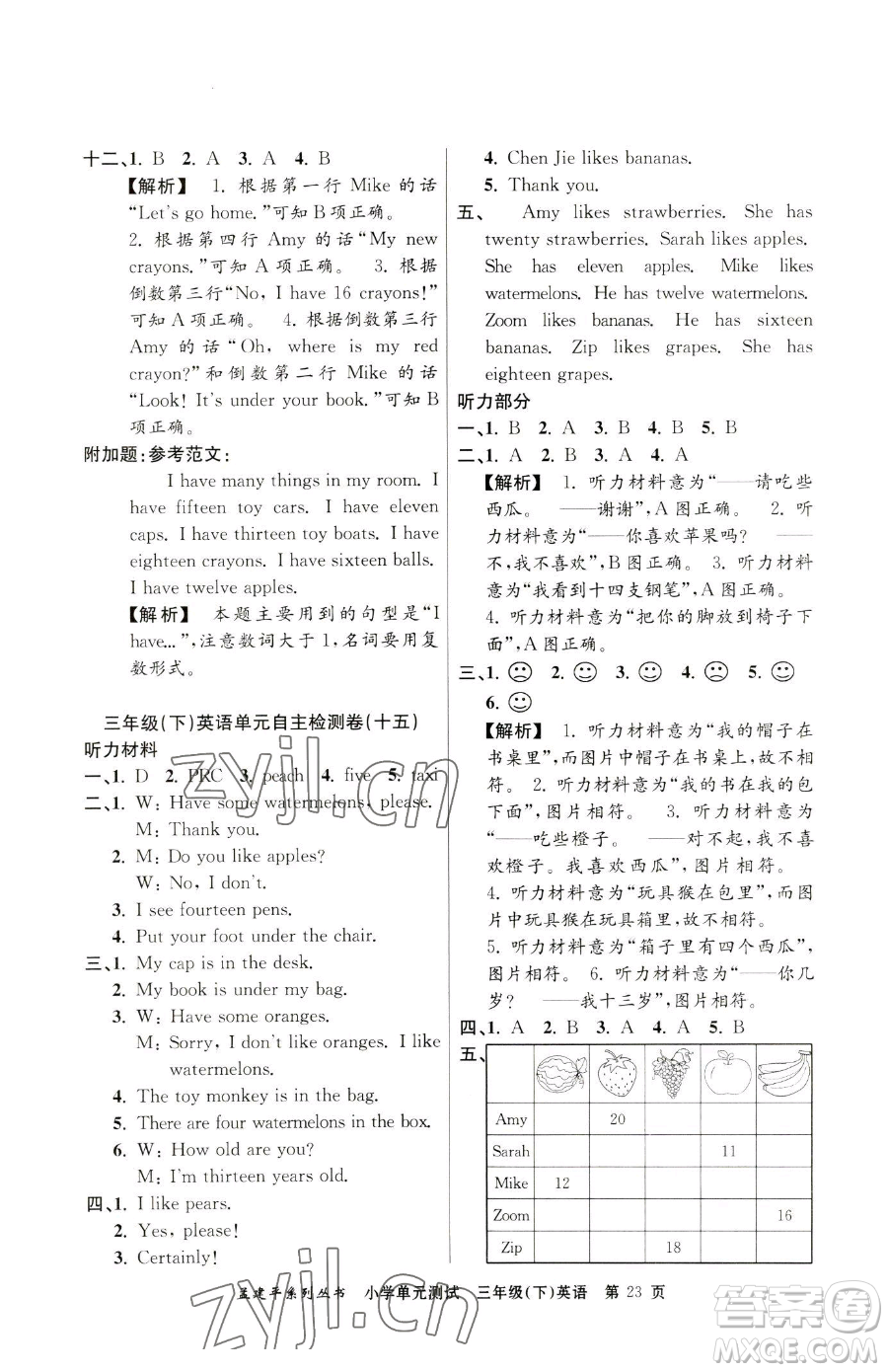 浙江工商大學(xué)出版社2023孟建平小學(xué)單元測試三年級下冊英語人教版參考答案