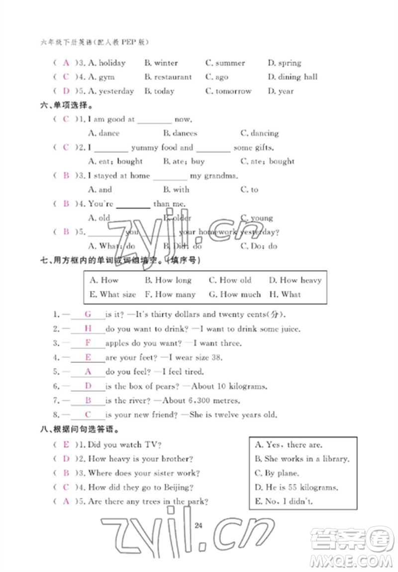 江西教育出版社2023年芝麻開花課堂作業(yè)本六年級英語下冊人教PEP版參考答案